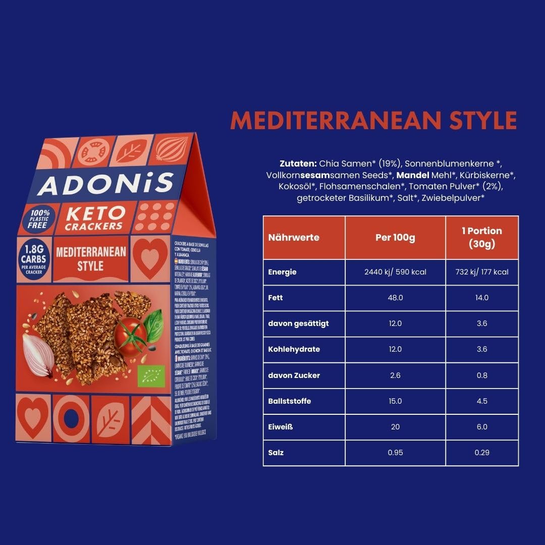 Adonis Keto Mediterrane Crackers (10 x 60 g Packung) | Vegan-freundlich | 100% natürlich | Glutenfrei, palmölfrei, laktosefrei | Gesunder Snack (Mediterran)