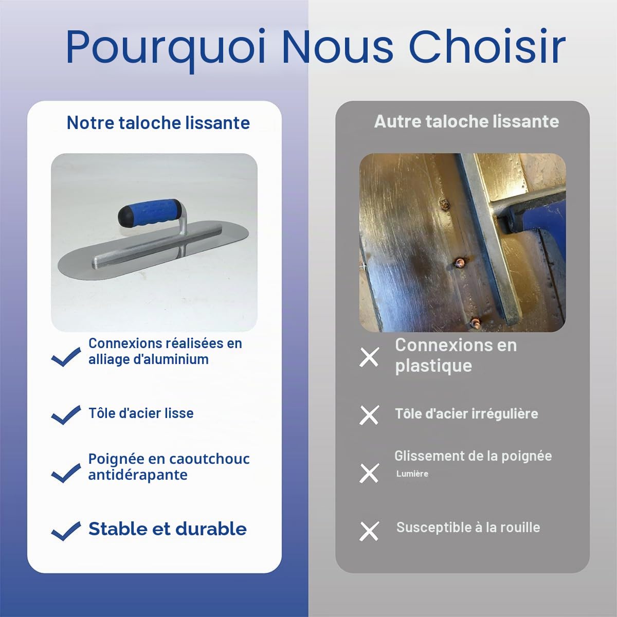 Truelle de lissage ronde en acier inoxydable - 380 x 125 mm - Poignée en caoutchouc - Truelle de nettoyage - Outil de nettoyage pour béton - Outil de lissage et de traitement de