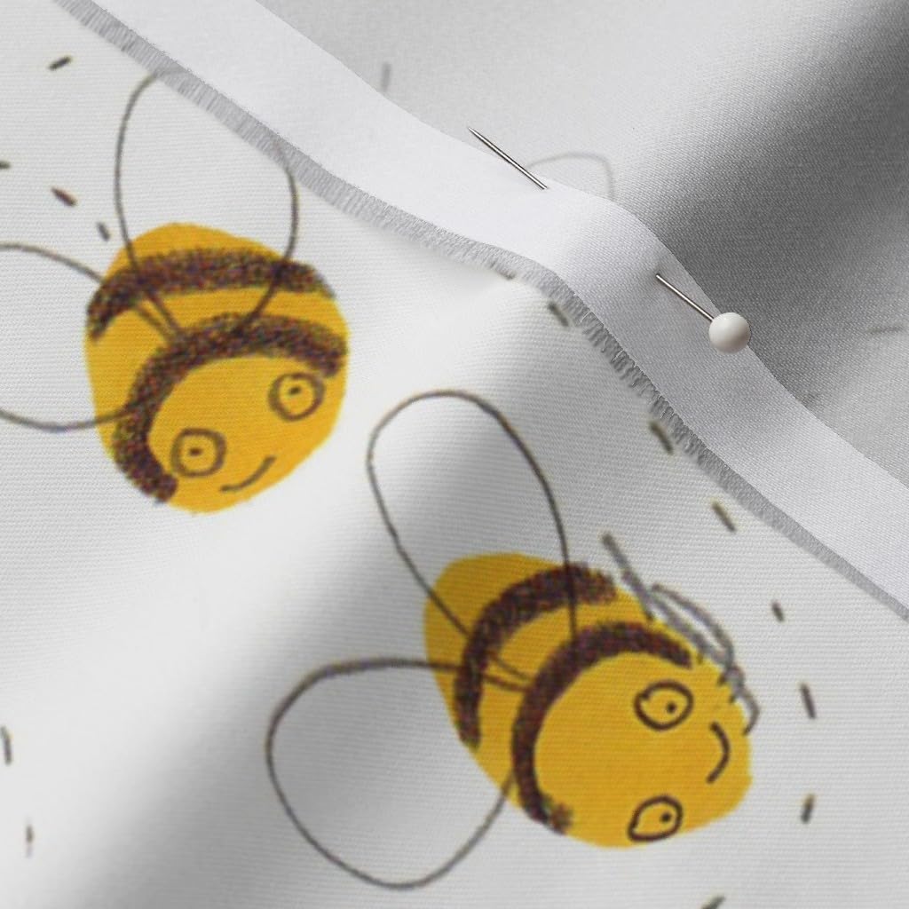Spoonflower Fabric - Honey Bees Cute Summer Bugs Flowers Fresh White Yellow Printed on Organic Cotton Sateen Fabric by The Yard - Sewing Quilting Apparel Home Decor