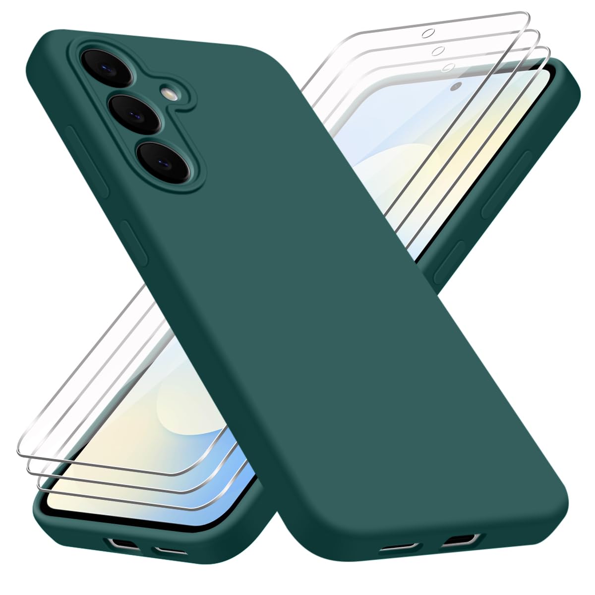 Cover per Samsung Galaxy S25 FE 5G（Non per Samsung S25 5G） con 3 Vetro Temperato Pellicola Protettiva, Verde Morbido Silicone e schienale rigido in PC Protettiva Custodia per Samsung S25 FE 5G