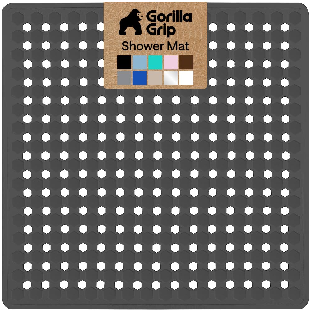 GORILLA GRIP Square Shower Stall Mat, Bathtub Floor Mat, 21x21 Charcoal