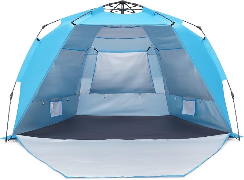 Tienda de campaña de playa emergente, refugio portátil plegable para la playa, protección UPF 50+, fácil instalación y transporte, doble revestimiento plateado con 3 ventanas de ventilación, tamaño grande perfecto para una familia de 4 personas