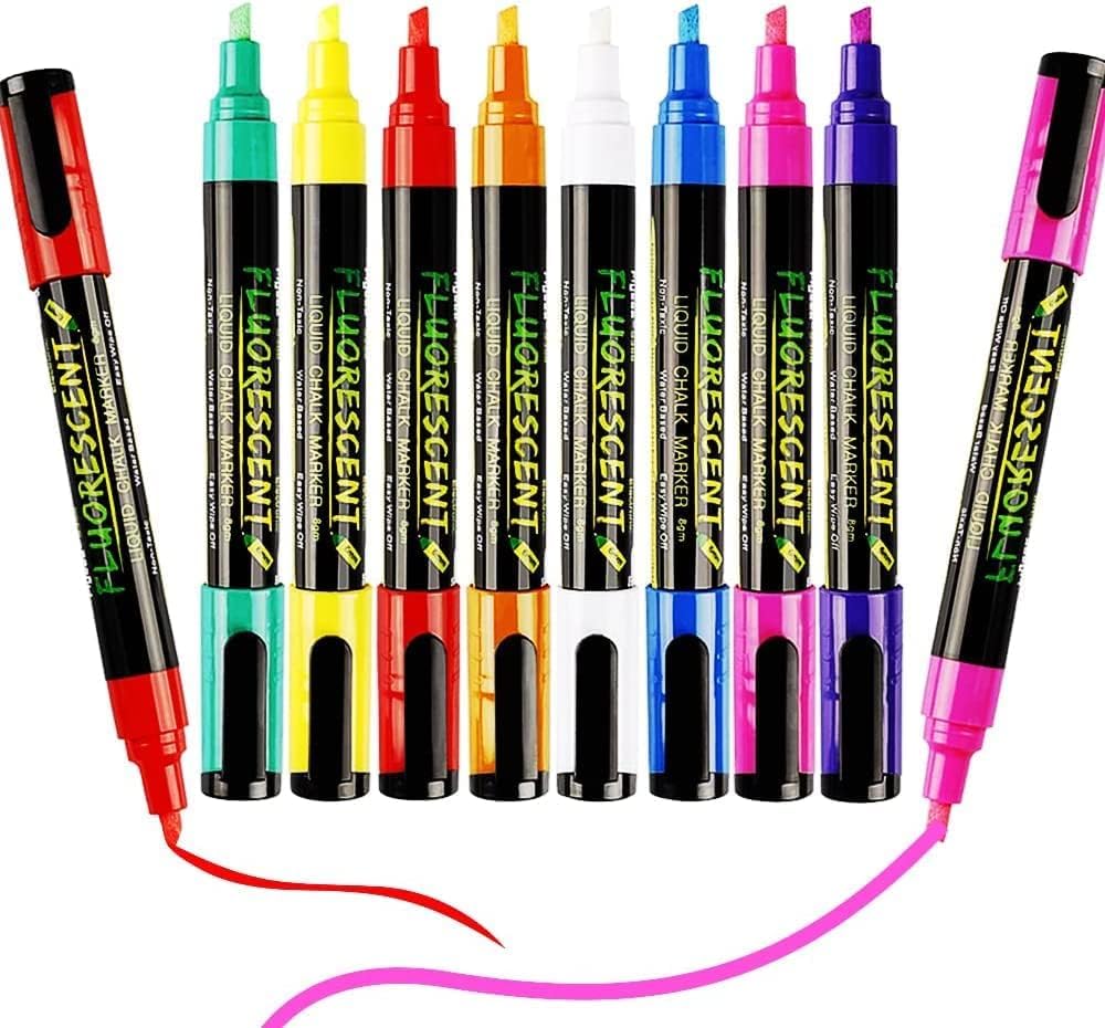 QALAM KAARI Liquid Chalk Markers 8 Pcs Chalkboard Marker Erasable on Blackboard, Glass, Window, Mirror and Kids Art-Chalk Pen Includes Reversible Chisel & Bullet Tip-Wet Erase Ink (Non-Toxic)-image-37