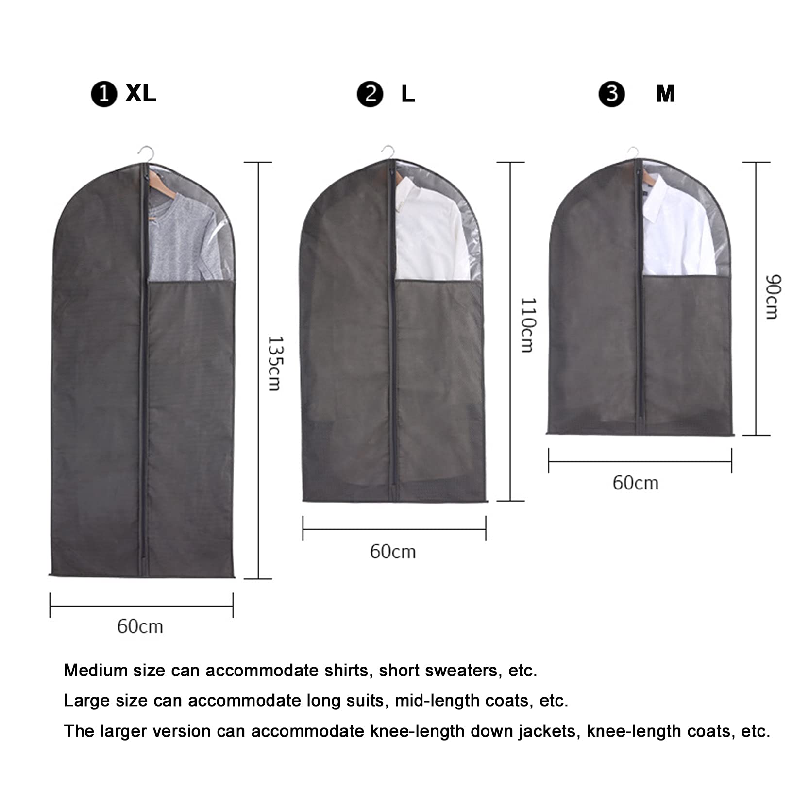 Sacca Porta Abiti, Confezione da 6 Borse Porta Abiti Lunghe, morbide e Traspiranti, in Tessuto Non, con Cerniera Finestra Trasparente, Grigio-L(60 x 135 cm)