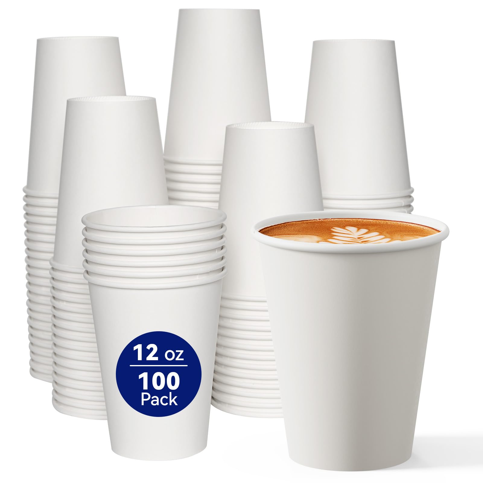 JOLLY CHEF 100 Pack 12oz Paper Cups, Disposable Coffee Cups, White | Suitable for Party | Picnic, Travel, Events | Hot Coffee Cups | Drinking Cups for Water
