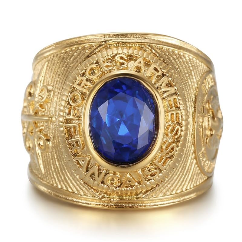 BOBIJOO Jewelry - Chevalière Universitaire Forces Armées Françaises Acier Inoxydable Doré Pierre Bleue réplique Saphir Honneur et Patrie - 66 (11 US)