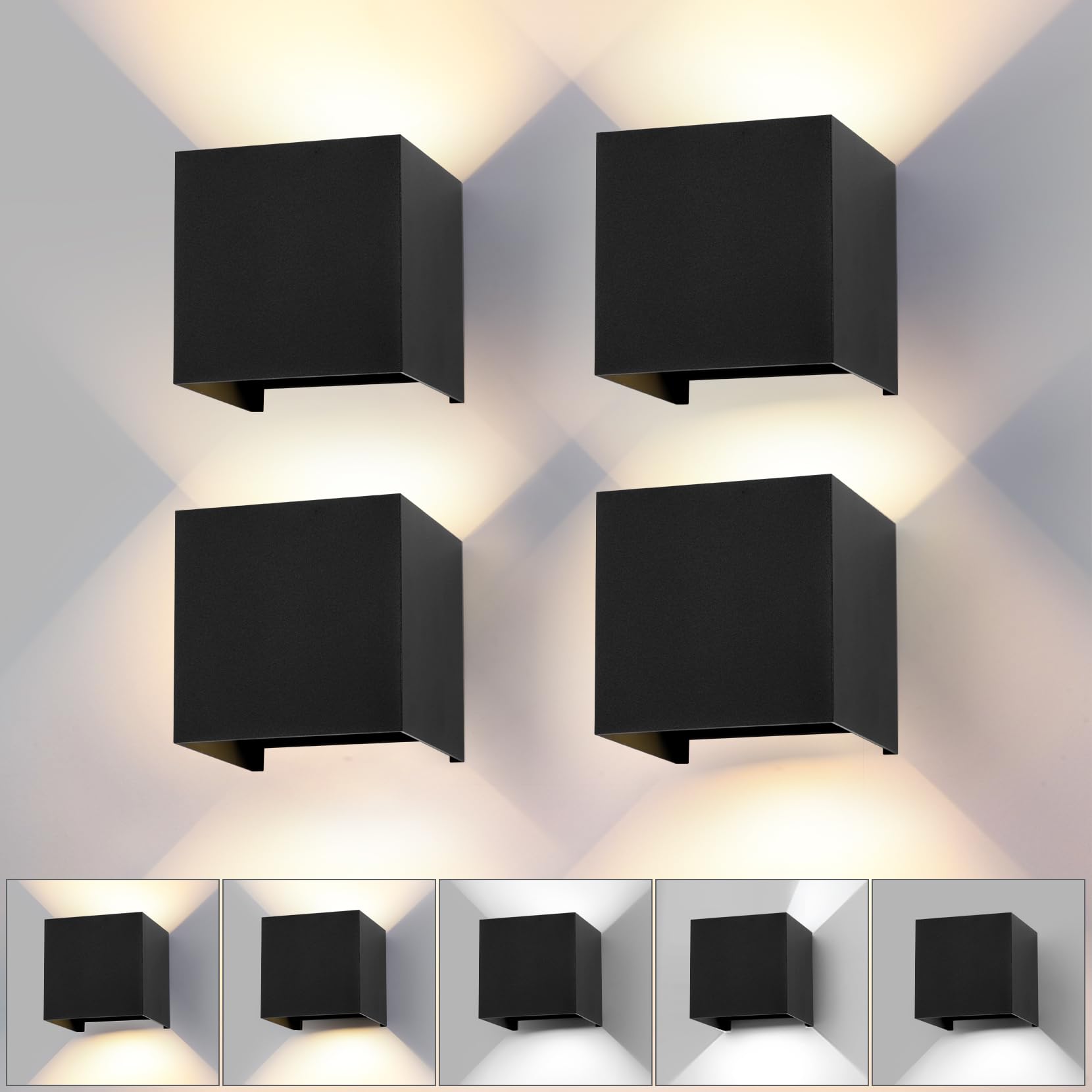 Applique da Parete Cubo 15W LED Nero 11cm | 4 pezzi, 3 colori regolabili, IP65 impermeabile, fascio luce 0-120°, interno ed esterno, design quadrato moderno