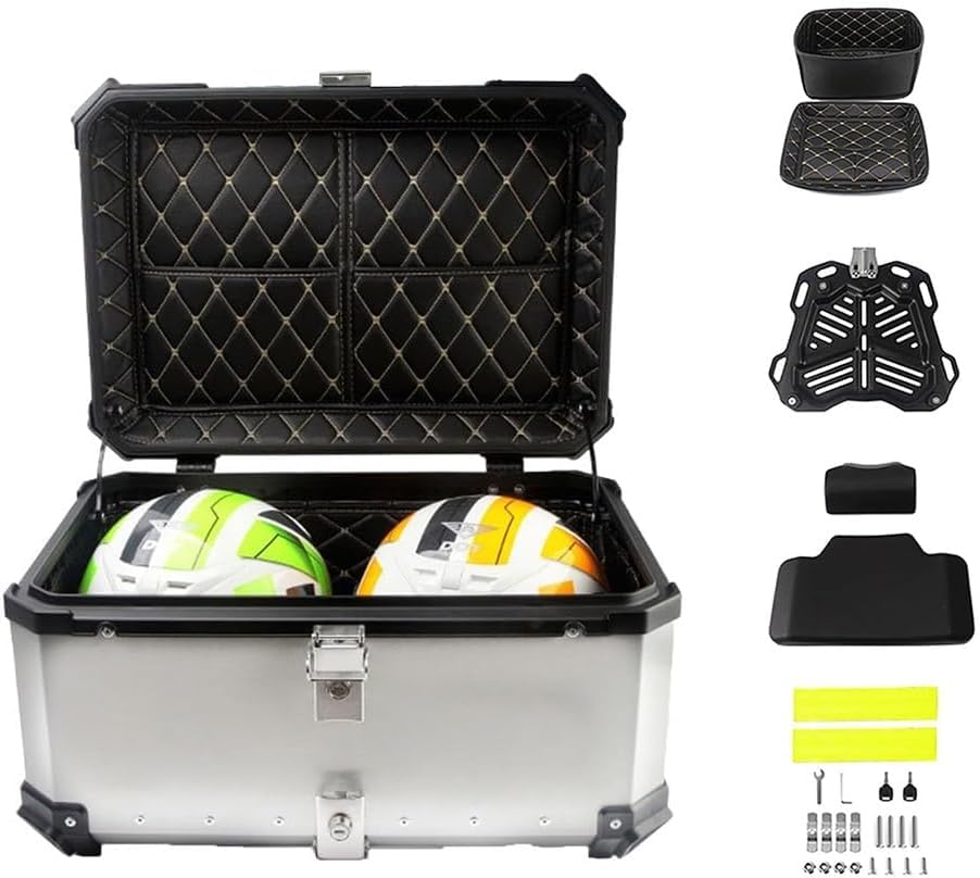 Zlc Maletero De La Maleta Superior De La Motocicleta 28l 36l 45l 55l 65l 80l 100l Estuche De Transporte De Almacenamiento Impermeable Caja Trasera De Motocicleta De Aluminio con Re, Silver, 55L