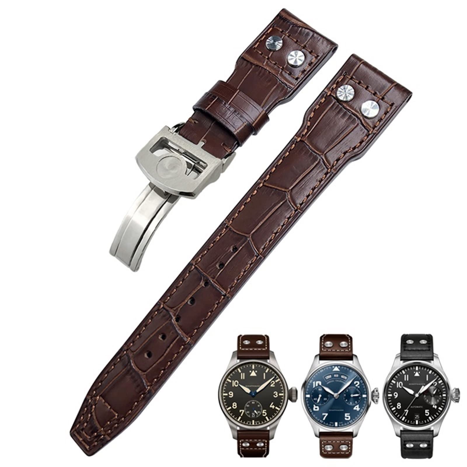 Cinturino in vera pelle con rivetti da 20 mm adatto per IWC Big Pilot TOP GUN Watch IW3777 cinturino in pelle di vitello, Black Buckle, agata