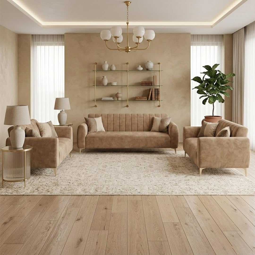 Habibi Rich Velvet Suede 3+2+2 Seater Sofa Set | Spacious Soft Touch Comfort Seating | 7 Person Seating | Modern Living Room Sofa Set (Beige)-image-25