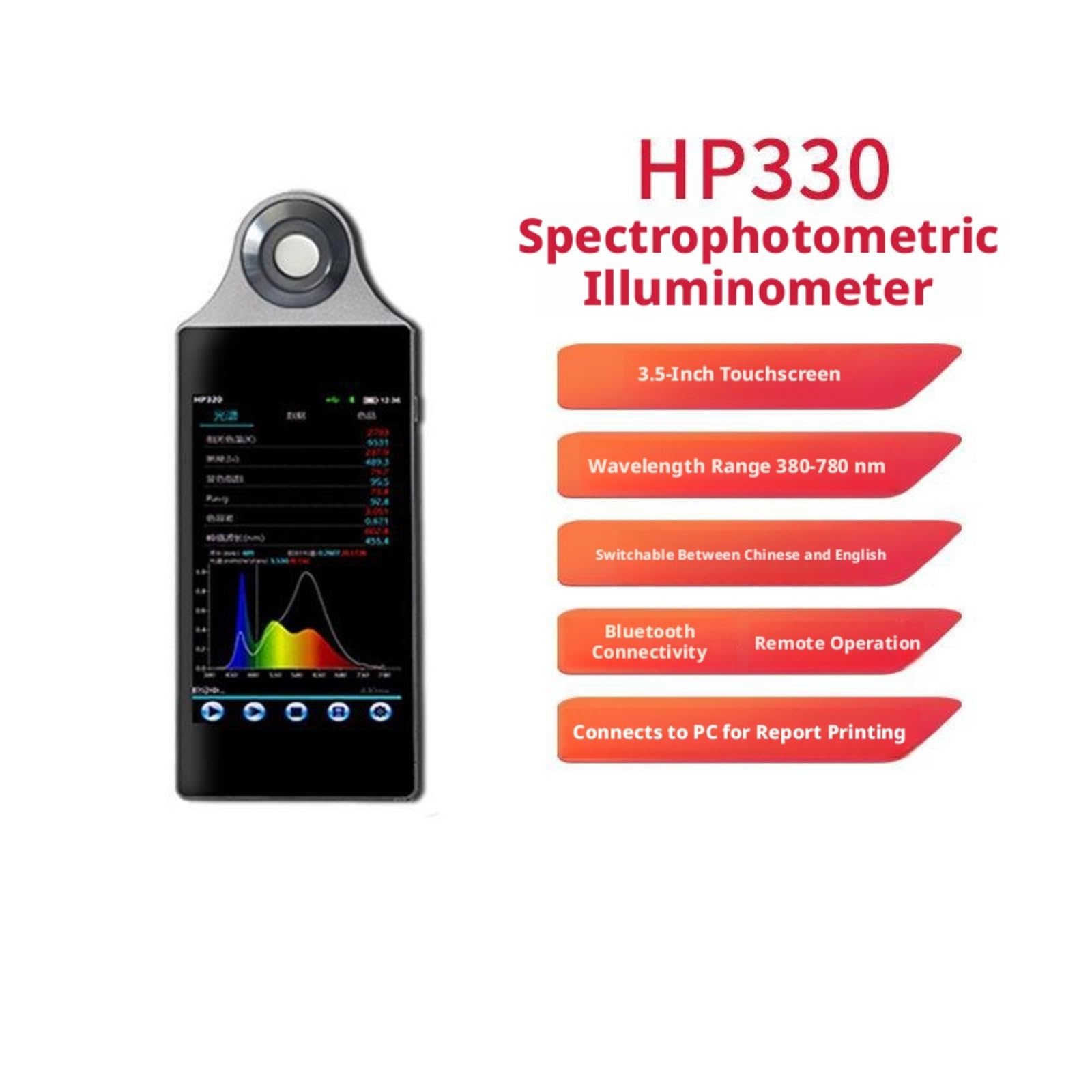 Światłomierz, Inteligentny bezprzewodowy spektrometr HP330, miernik światła Bluetooth CCT CRI Tester