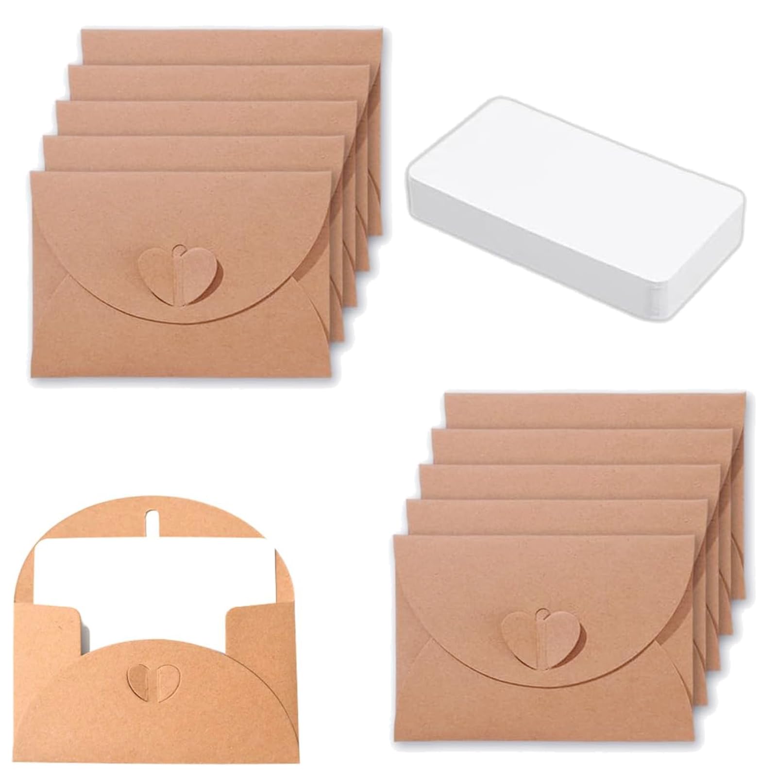 25 Mini Envelopes with Cards, Vintage Mini Kraft Paper Envelopes with Heart Clasp, Mini Cards, Tiny Envelopes, for Gift Cards, DIY Thank You Card, Party Invitation(Brown)