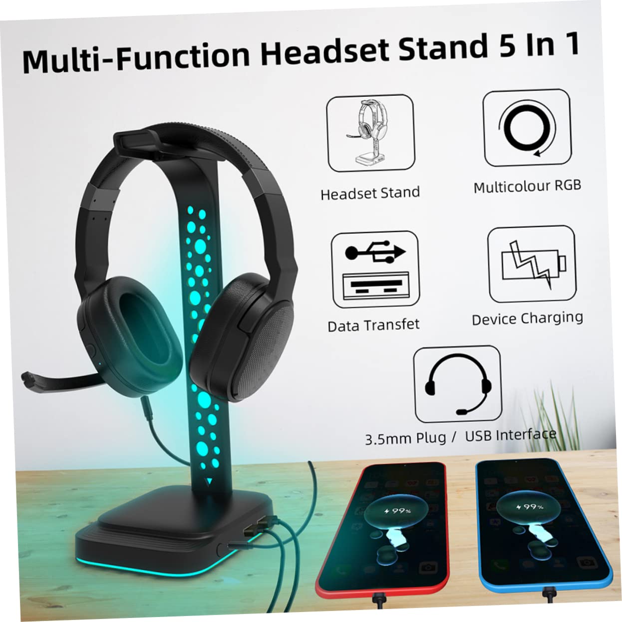 Supporto per Cuffie da Tavolo LED Regolabile e Hub USB Multiuso per Scrivania Supporto per Auricolari e Trasmissione Dati
