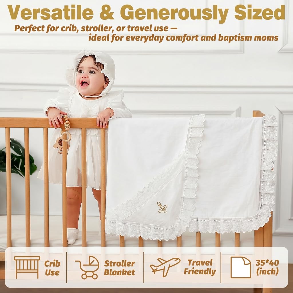 Baptism & Christening Baby Blanket with Hood – Pure Cotton 35×40 in Wrap for Boys & Girls, Lace Trim & Gold Cross Embroidery, Soft Newborn Receiving Blanket, Religious Gift with Gift Box