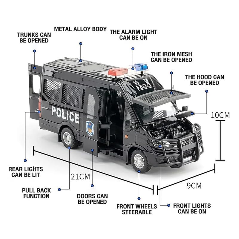 Image of Kids Model 1:24 Van Police Die Cast Metal Car Pull Back Action Opening Doors with Realistic Engine Sound Lights Toy Car Gift for Boys - Black