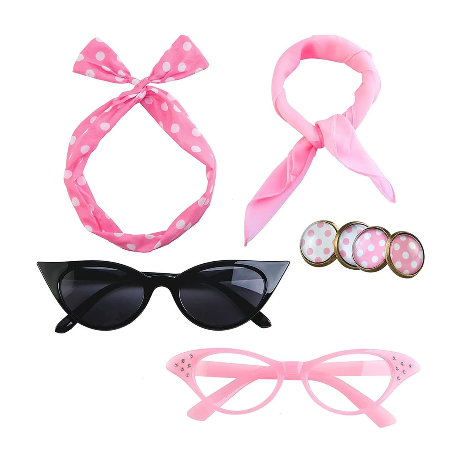 RKJRTK 50s Costume Accessories Set, Chiffons Scarf Cats Eye Glasses Bandana Headband Earrings, 1950s Outfits For Women, Chiffons Scarf Cats Eye Glasses Bandana Headband Earrings โ image 1