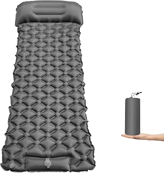 YEHUARIS Camping Sleeping Pad, Ultralight Camping Mat with Pillow Built-in Foot Pump Inflatable Sleeping Pads Compact for Backpacking Hiking Traveling Tent Gray