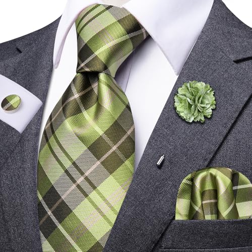Image of Dubulle Mens Green Checks Tie and Lapel Pin Striped Floral Necktie for Men Pocket Square Cufflinks Wedding Party