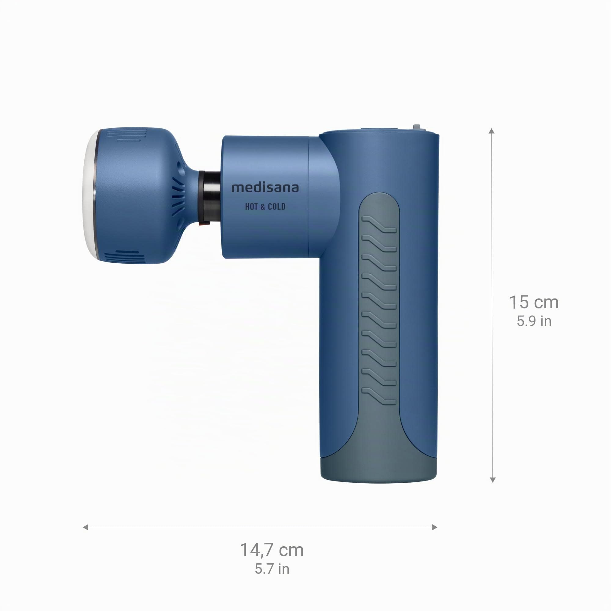 medisana MG 600 Pistola de Masaje, Dispositivo de Masaje Eléctrico, Recuperación y Relajación Muscular, Función de Calor y Frío, Incluye 7 Accesorios de Masaje y 3 Niveles de Vibración