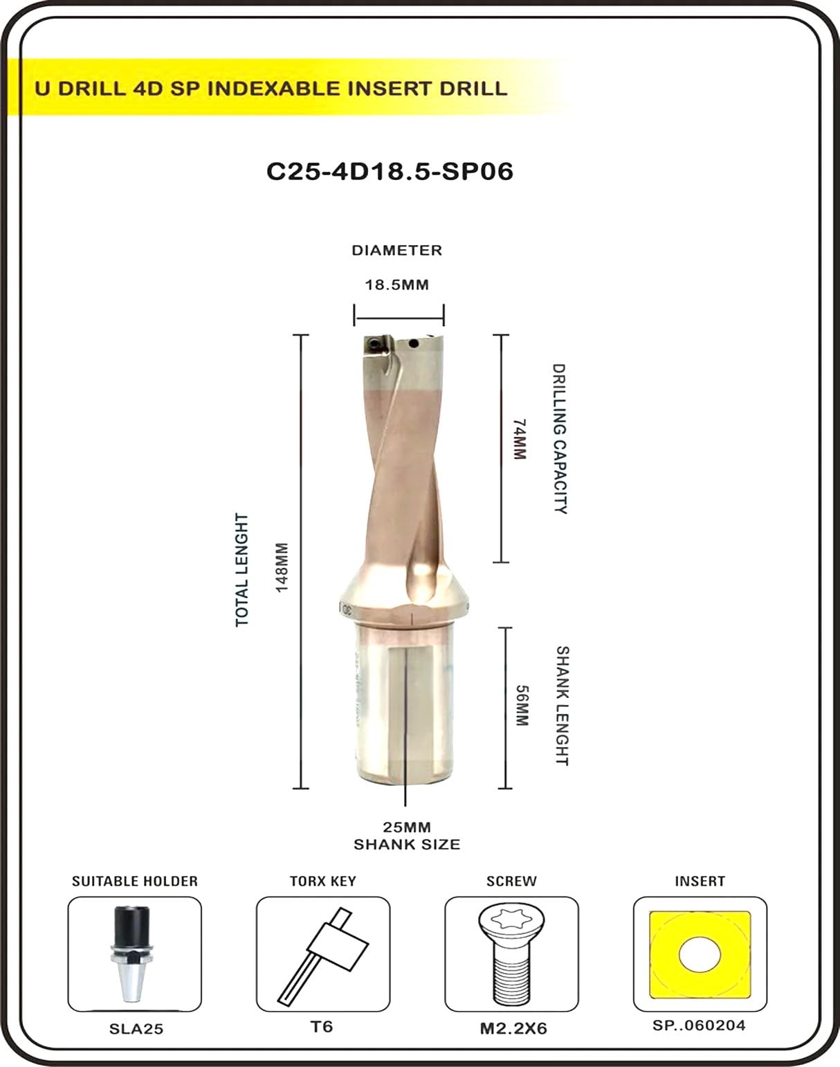 Buyohlic Indexable Insert U Drill 18.5 MM II Weldon Shank II Through Coolant II 10 pcs Carbide Inserts Free (Dia 18.5 mm~5D~25 mm Shank)