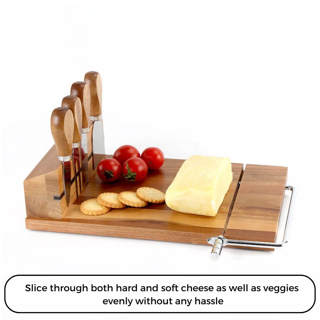 Cheese Slicer (11.7” x 9” x 3”) - Acacia Wood Board Cheese Cutter with Wire - 4 Magnetic Cheese Knife Set w/ Anti-Slip Board - Stainless Steel Cheese Slicers for Block Cheese w/ Replacement Wire
