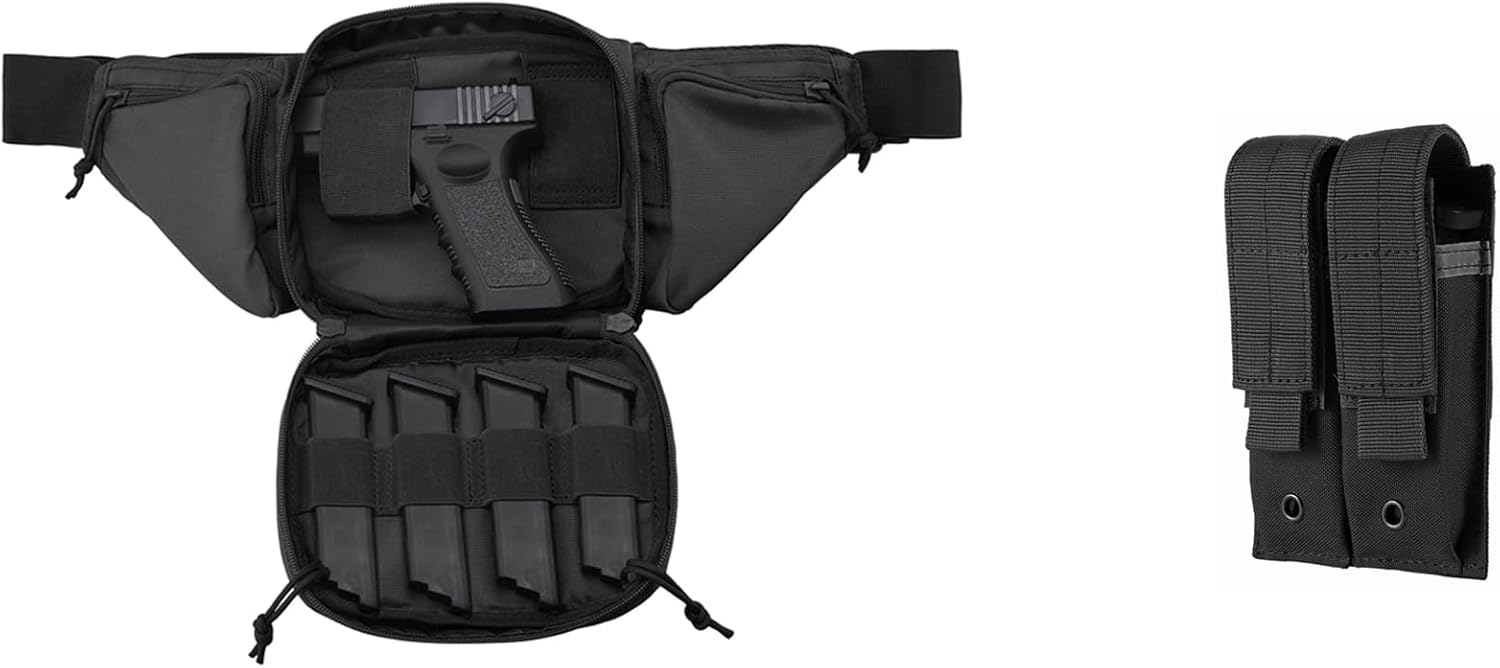 FRTKK Concealed Carry Pistol Fanny Pack Holster with USA flag patch & Tactical Double Pistol Mag Pouch Molle Open-Top Magazine Pouch for Glock 92F M1911 9mm