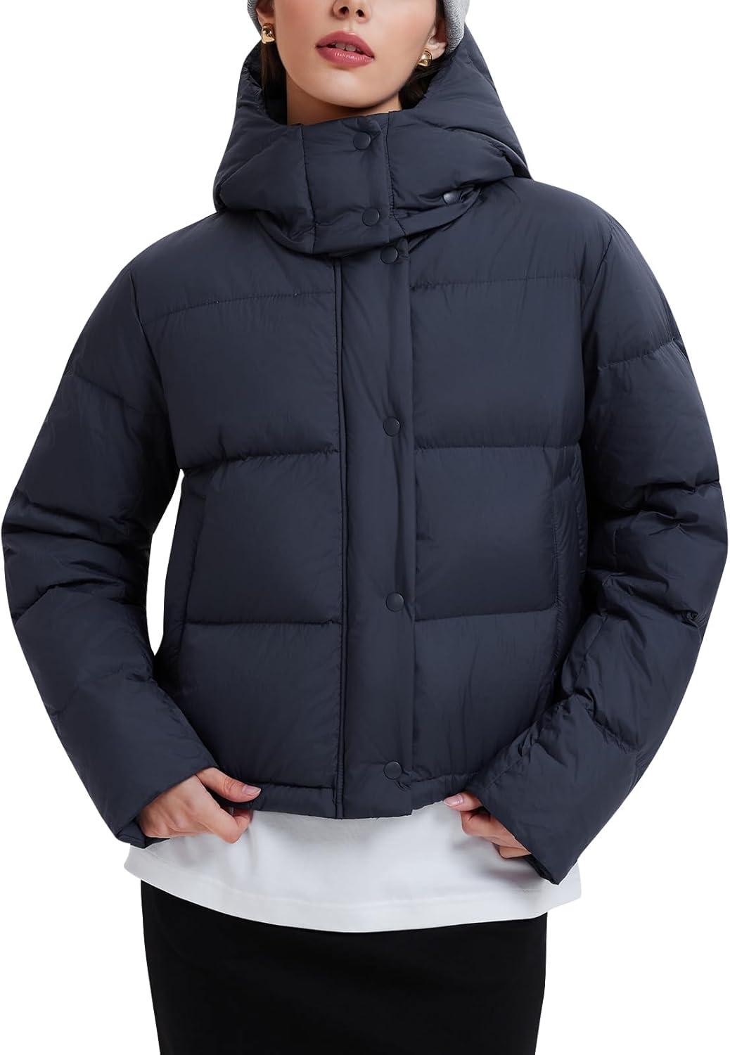 800 Fill Short Down Puffer Jacket, Relaxed Fit Lightweight Ski Winter Jacket & Coat Snap Button Puffy Cropped Outerwear