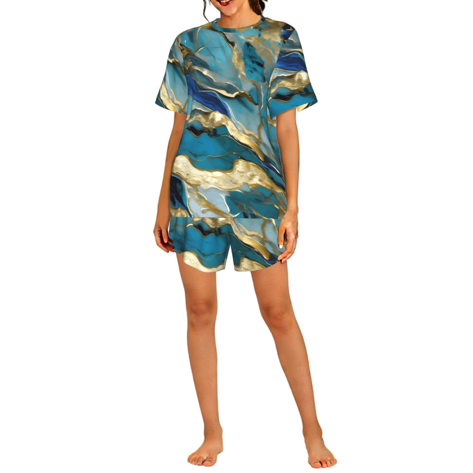 FBGHHTY Azurite Teal And Foil Gold Oil Marble Pattern Print