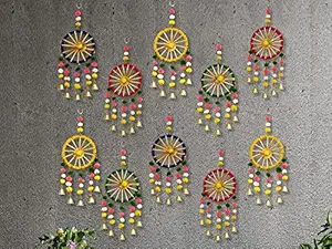 ANISHOP Decorative Wall Door Hanging Latkan Toran with Bells (Multi, Set of 8 30 cm x 13 cm) for Main Door Entrance Pooja Room Home Rajasthani Traditional Decoration Items