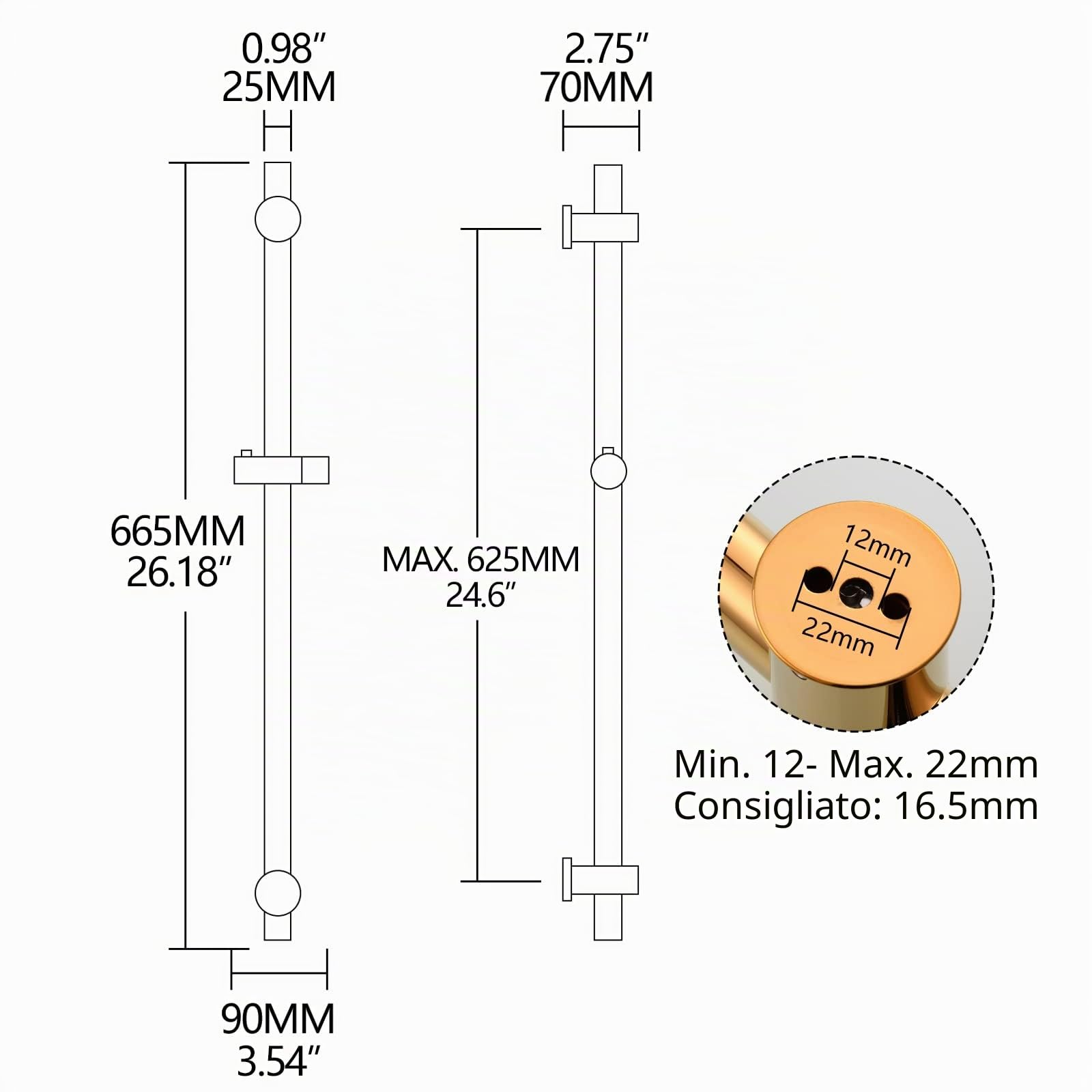 CIENCIA Asta Doccia Variabile 66 cm in Ottone, Asta da Parete in Titanio per Doccetta, BJ4022
