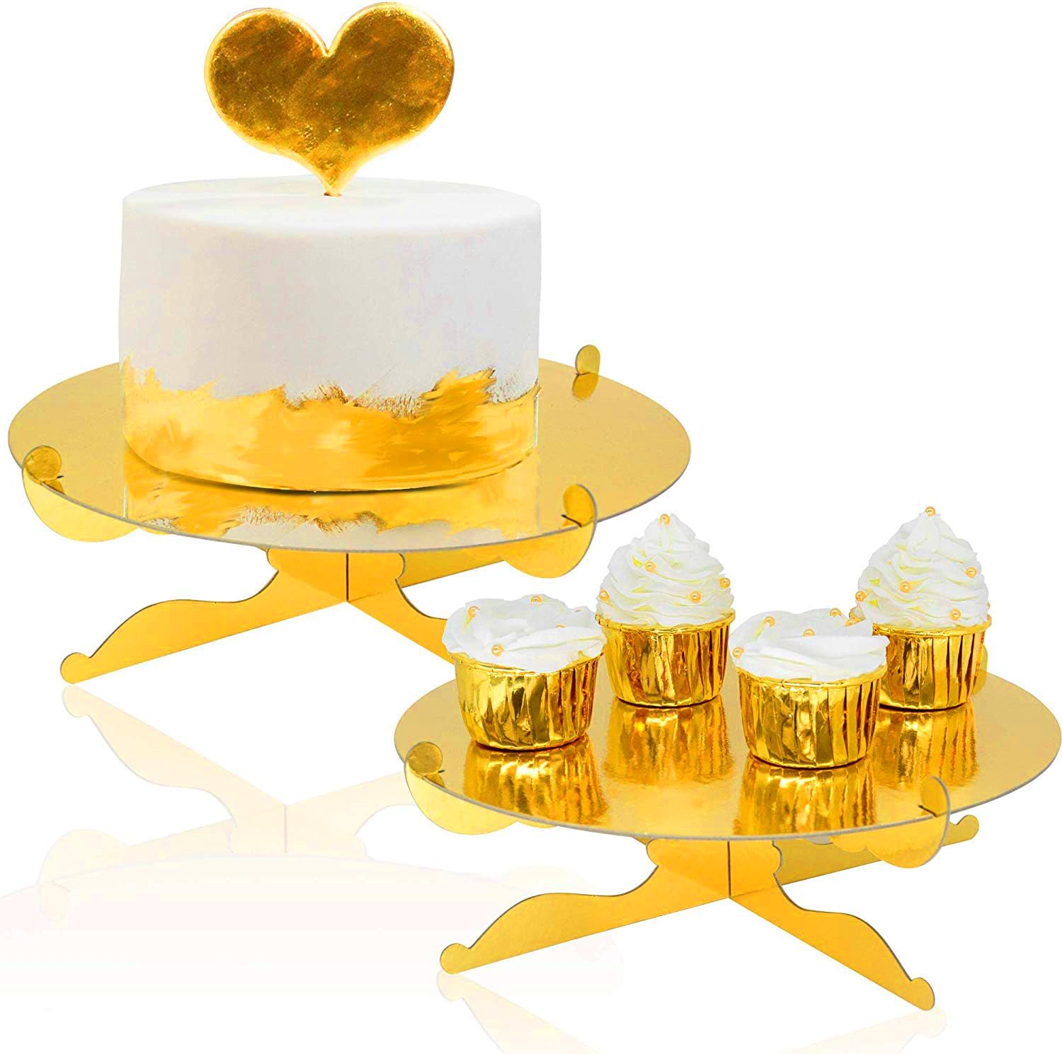 FRIDAY NIGHT 1-Tier Gold Round Cardboard Cupcake Stand Mini Cake Dessert Holder Reusable Birthday Wedding New Year Decoration 2pcs