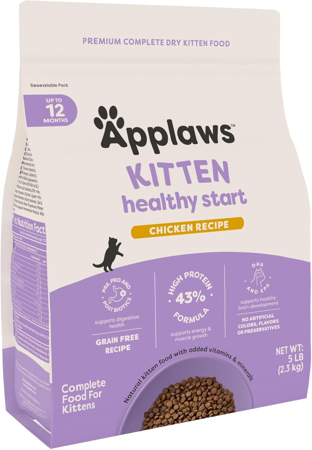 Applaws Kitten Healthy Start Dry Cat Food, Natural Dry Food for Kittens with Added Vitamins and Minerals, Grain Free, Chicken Recipe (5 Pound Bag)