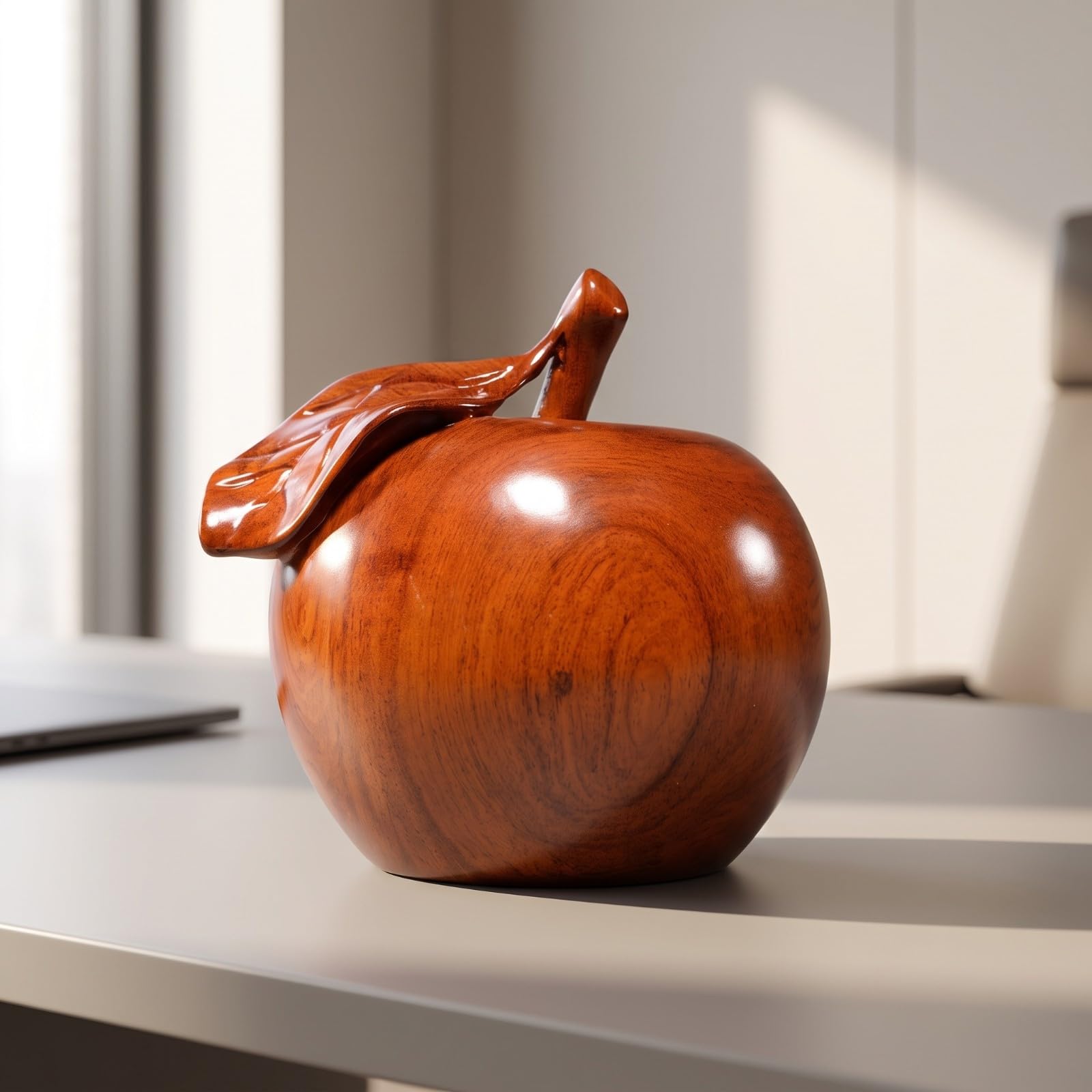 rockible Handgeschnitzt -Apfel | Glänzend polierte Oberfläche, Apfel mit Blatt, für Wohnzimmer, Birnbaumholz, 20CM