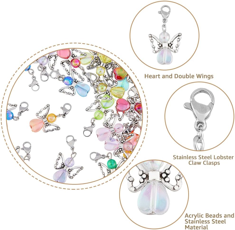 SUPERFINDINGS 36pcs 9 Colors Angel Wing Charm Colorful Fairy Dangle Pendants Acrylic Heart Beads Charms with Lobster Clasps for DIY Jewelry Making Findings Crafts Supplies Baby Shower Favor - Image 4