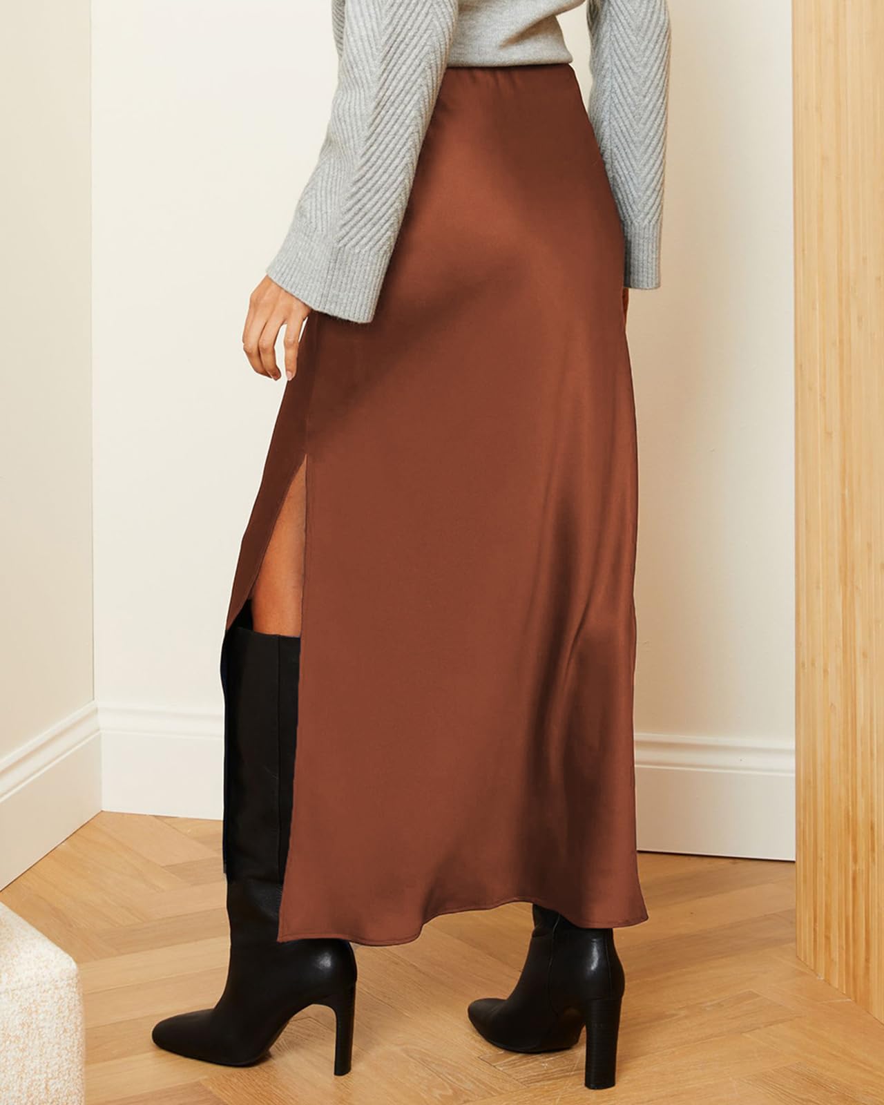 Damen-Maxirock aus Satin, hohe Taille, seitlicher Schlitz, elastischer Bund, lange Seidenröcke für Frauen
