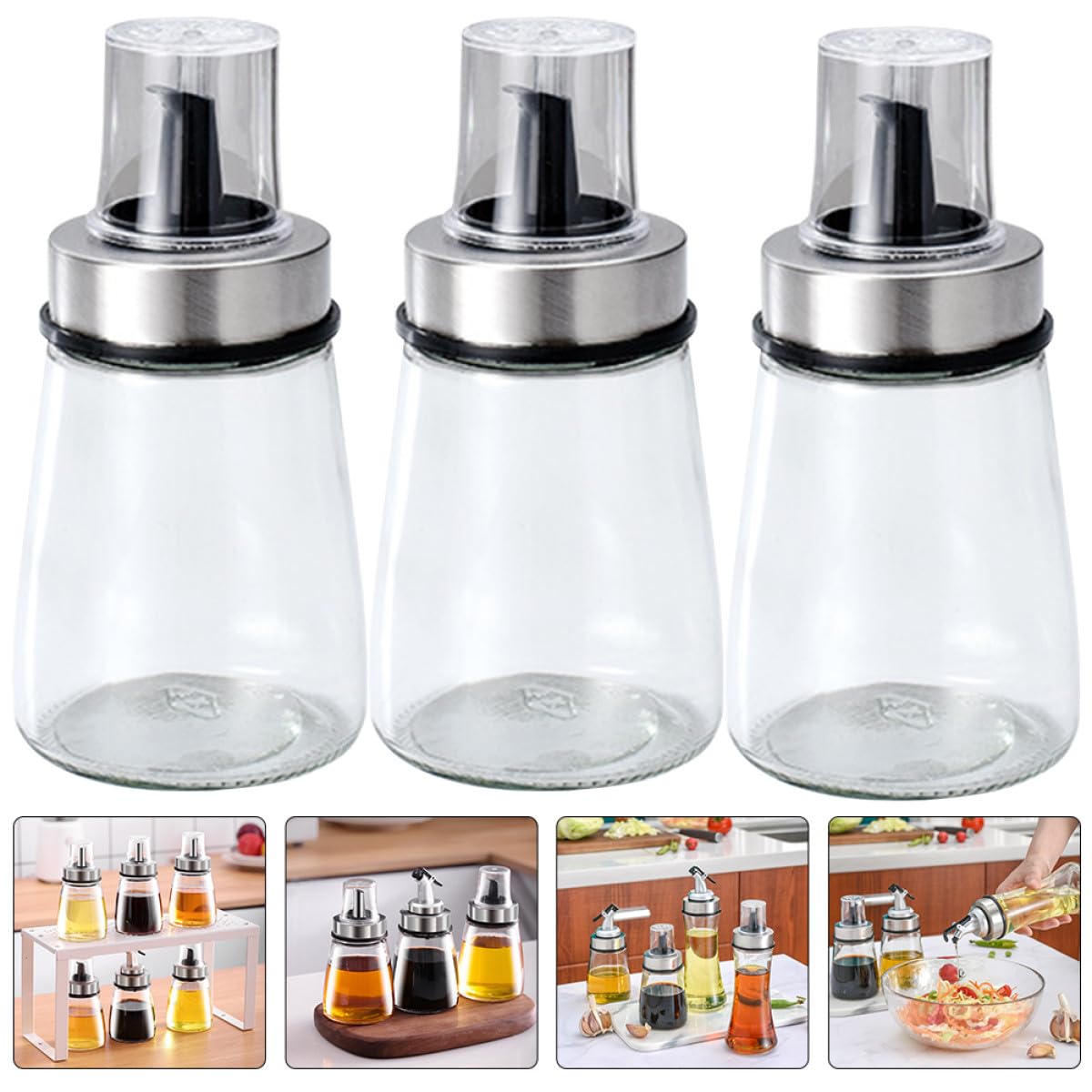 Lot de 3 Bouteilles en Verre pour Condiments, Distributeurs D'huile et Sauce Soja Bouchons en Silicone, Cuisine et Présents de Pendaison de Crémaillère