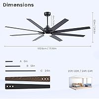 Vista 8 de Newday 72 Inch Black Ceiling Fan with Light and Remote, Indoor/Outdoor Silent Reversible DC Motor, 6 Speeds, 3CCT, Timer, 8 Blades, 3 Downrods for