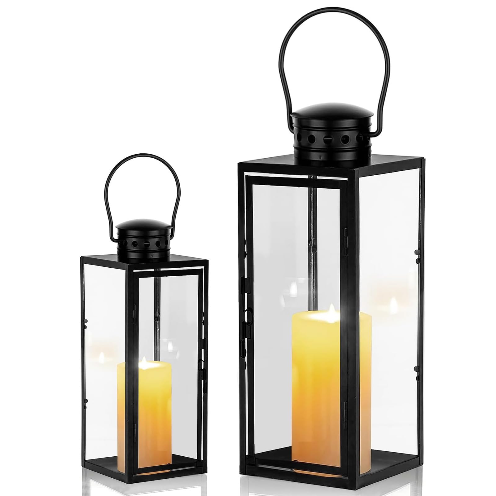 Lot de 2 Lanternes pour Bougies (24 + 35 cm de Haut) - Lanternes de Jardin en métal pour l'extérieur - Grand photophore - Lanterne funéraire - Lanterne en Verre - Décoration de Noël - Noir