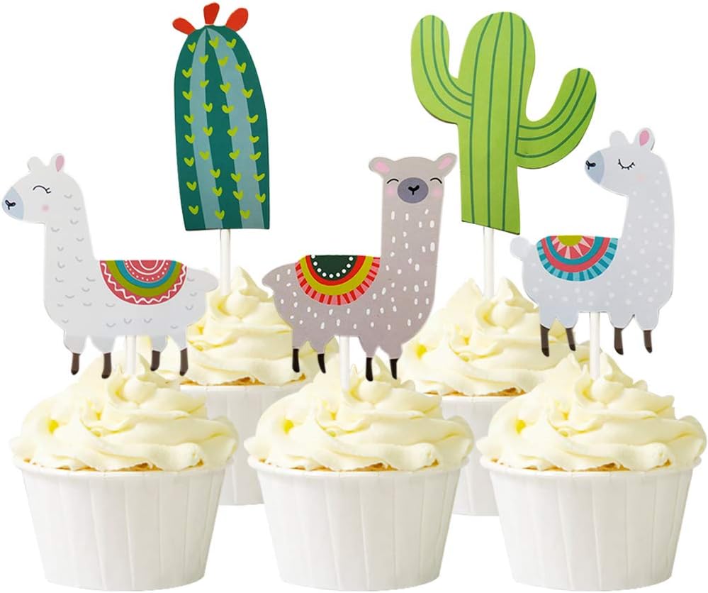 25 Pcs Cute Llama and Cactus Cupcake Toppers Alpaca Cupcake Picks for Mexican Fiesta Theme Party, Baby Shower Birthday Party