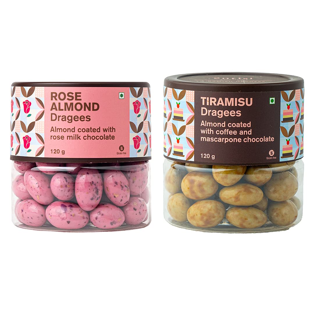 Entisi Premium Chocolate Coated Rose Almond & Tiramisu Dragees Jar - (120g Each, Pack of 2)