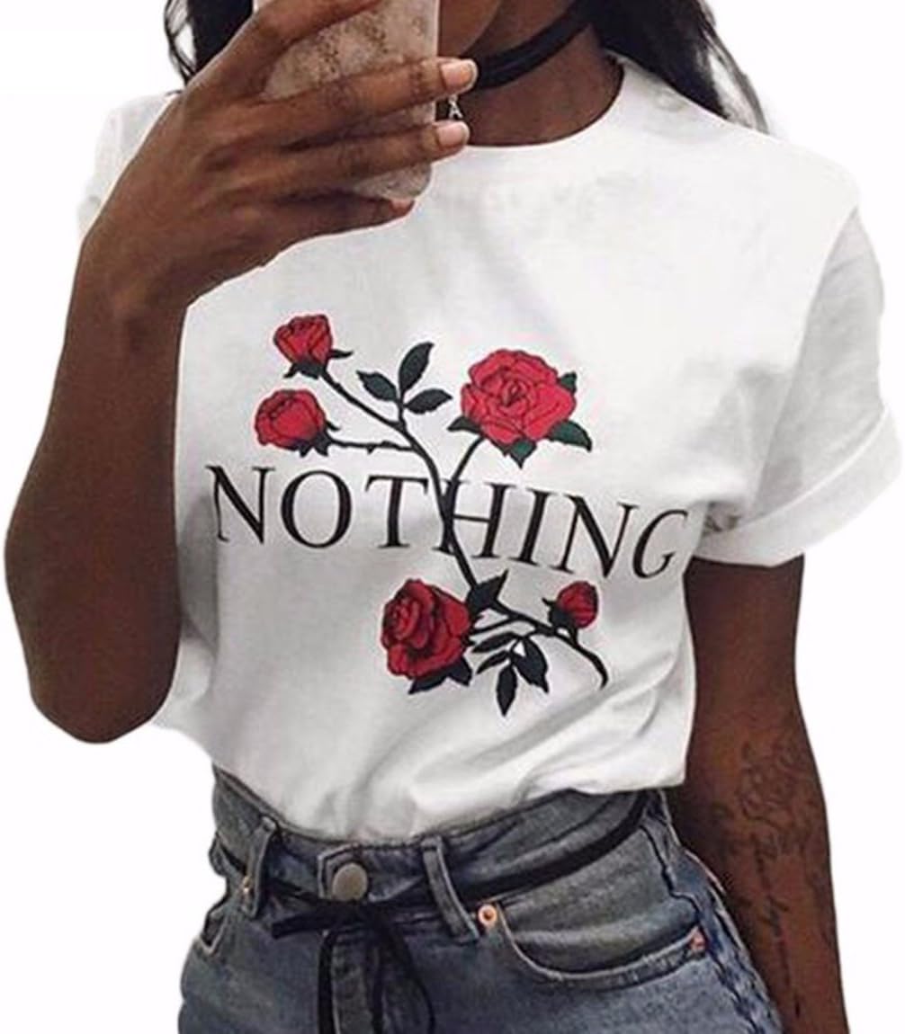 BLACKMYTH Women Summer Nothing Rose Print Short Sleeve Top Tee Graphic Cute T-Shirt