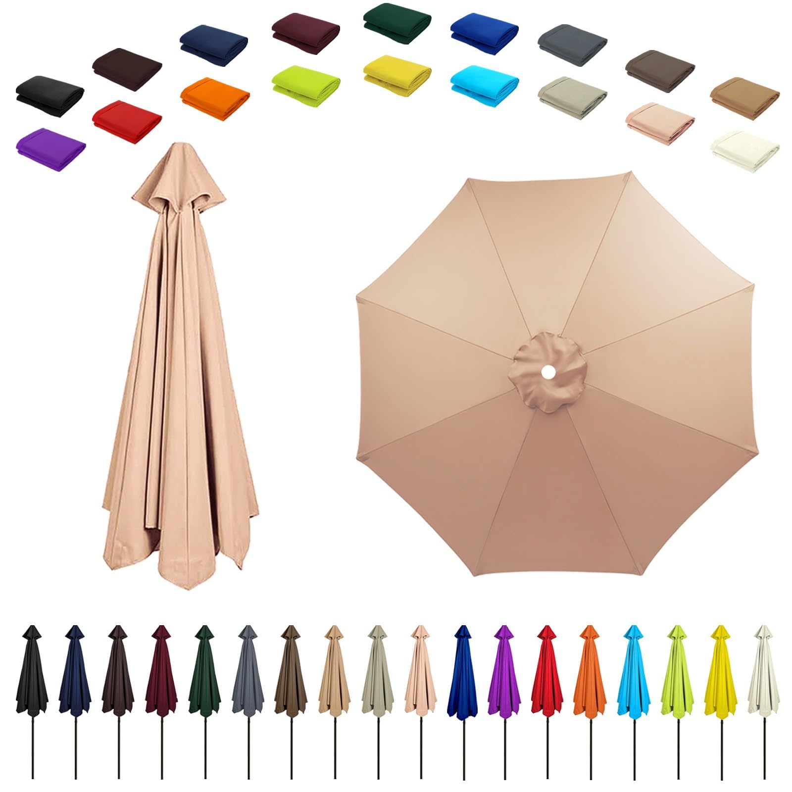 6/8 Ribs Umbrella Replacement Top, Parasol Replacement Canopy, Replacement Parasol Fabric Cover, Breathable/UV Protective, For Patio/Market/Yard/Backyard/Pool/Market(Champagne,8 ribs: 2m/6.6ft)