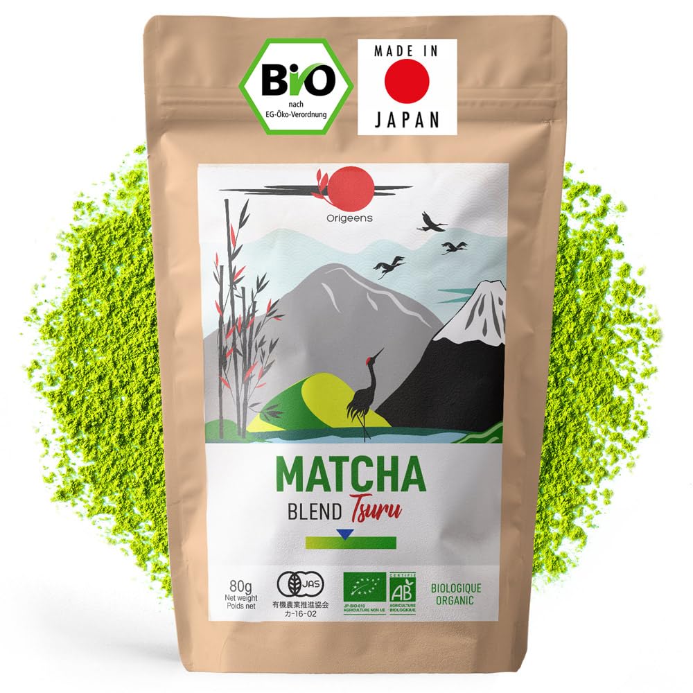 ORIGEENS Japanischer Bio Matcha Pulver Tee Tsuru (Latte Mild) - Blend Shizuoka und Kagoshima - Matcha Tee Bio 80g-Beutel