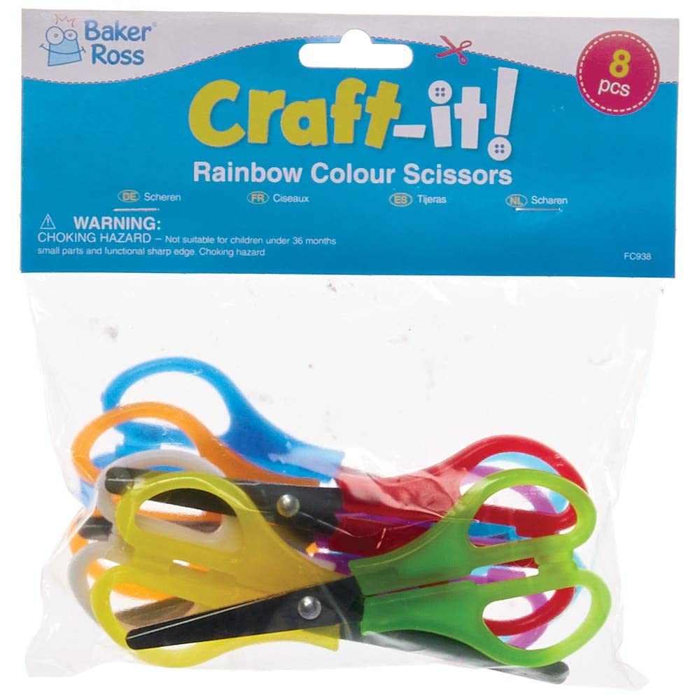 Baker Ross FC938 Rainbow Colour Scissors - Pack of 8, Kids Scissors and Scrapbooking Supplies, Paper and Card Crafting