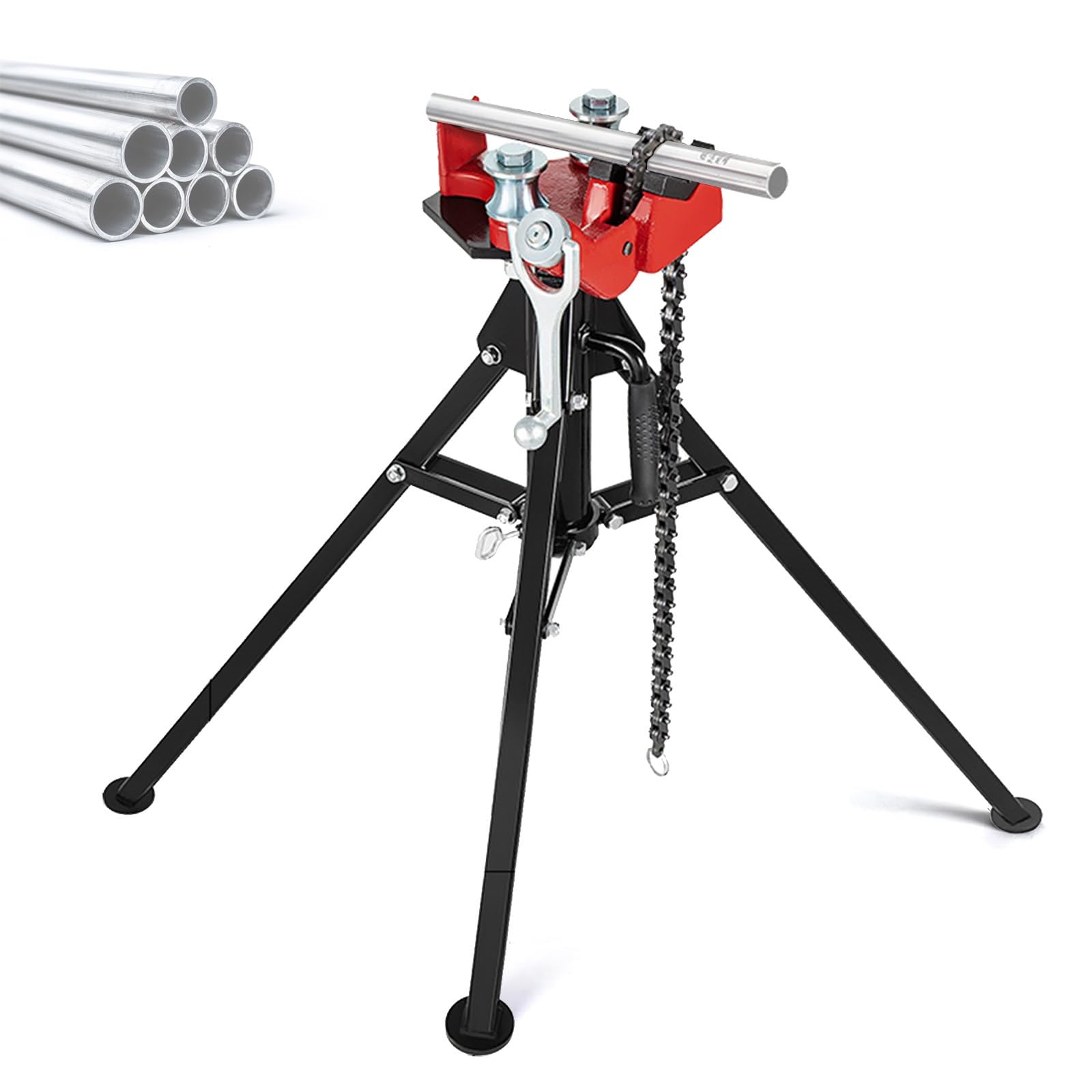 Tragbarer Stativ-Rohr-Schraubstockständer, unterstützt 1/8-5-Zoll-Rohre, faltbare Beine, Anti-Rutsch-Kette zum Fixieren und Biegen von Rohren