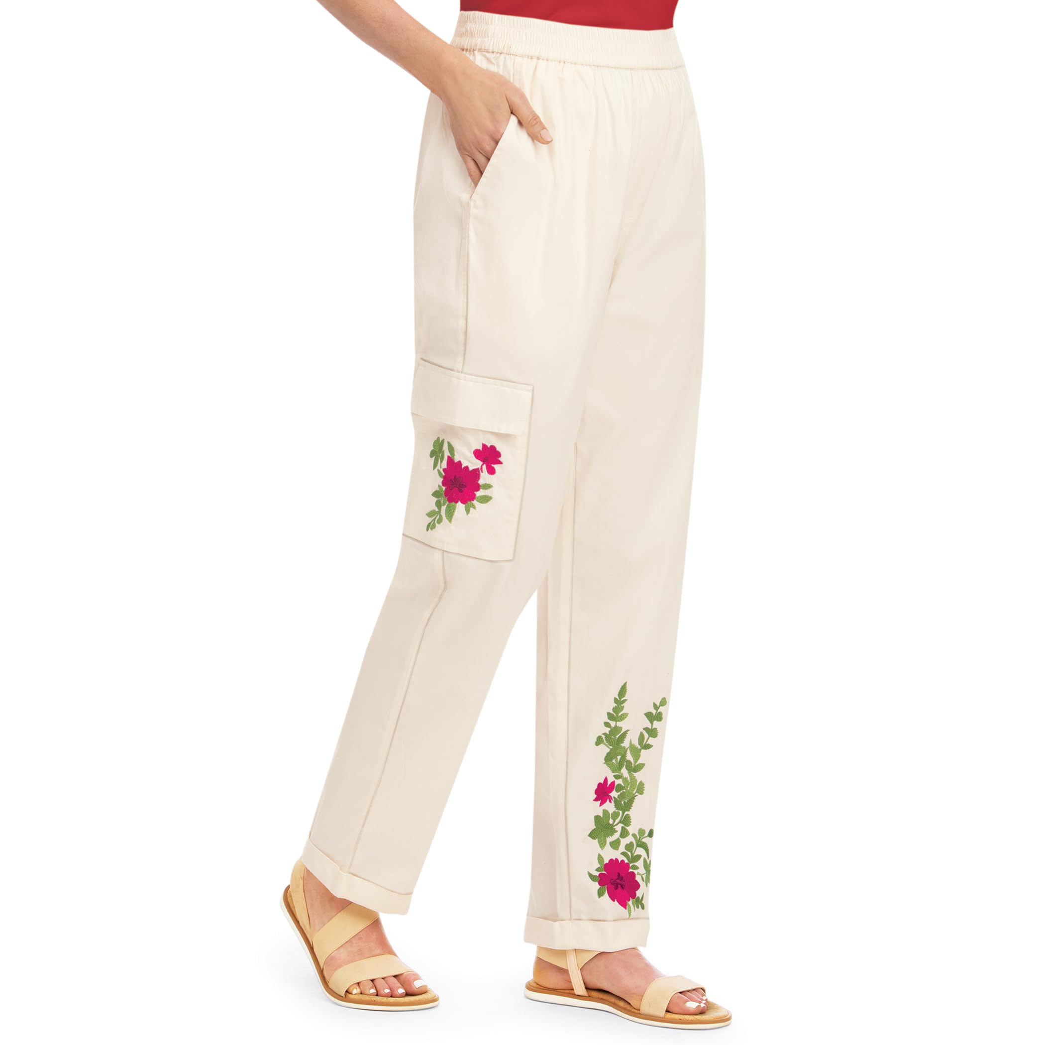 Collections Etc Womens Embroidered Cargo Pocket Pants Ivory X-Large