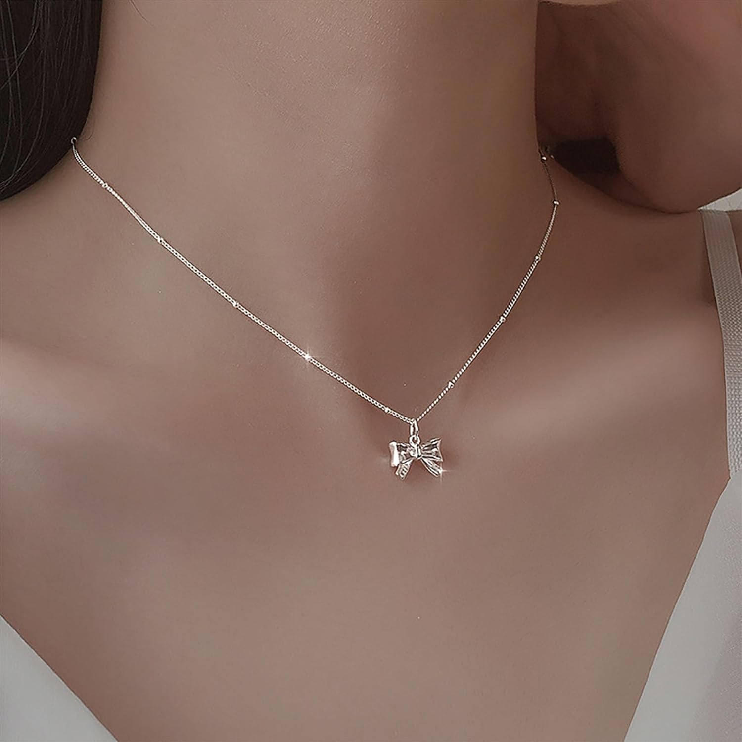 Bow Pendant Necklace Silver Bow Knot Pendant Necklace Small Bow Tie Pendant Necklace Tiny Beads Chain Necklace Minimalist Choker Necklace Chain Jewelry for Women and - Image 2