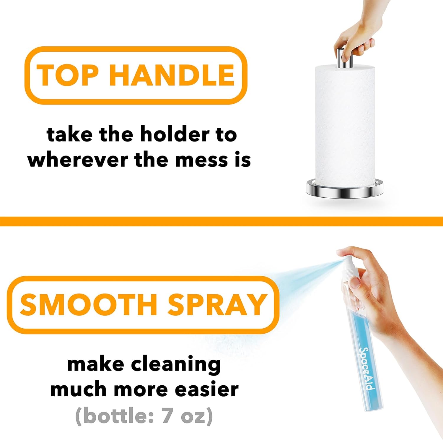 SpaceAid 2 in 1 Paper Towel Holder with Spray Bottle, Countertop Paper Towels Holders Stand with Sprayer Inside Center, Under Cabinet Papertowels Roller for Kitchen and Bathroom (Silver)