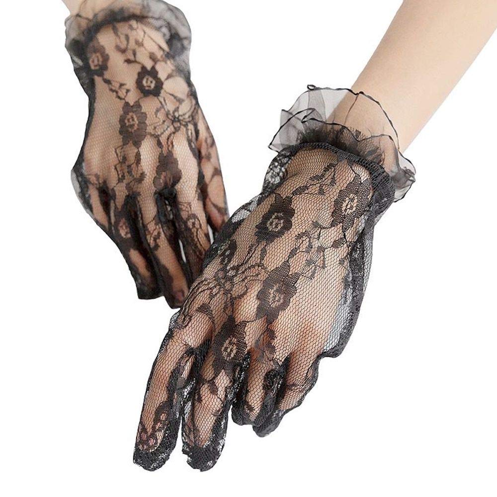 Ladies Black Lace Floral Gloves Elegant Wrist Length Bridal Opera Costume Gloves