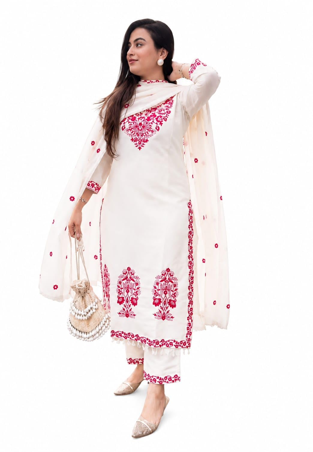 Women's Off-White Embroidered Kurta Pant with Dupatta Set-picture-34